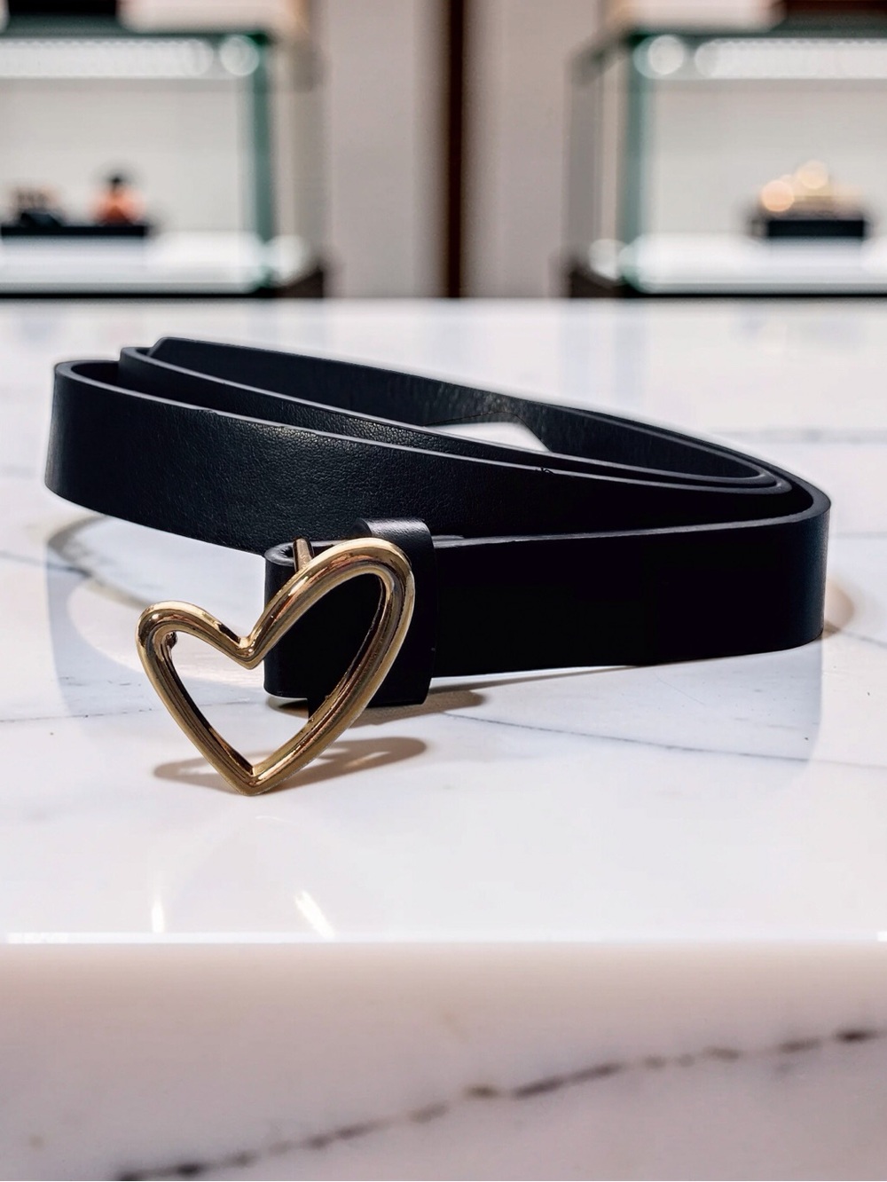Black Faux Leather Skinny Belt Gold Heart Buckle
